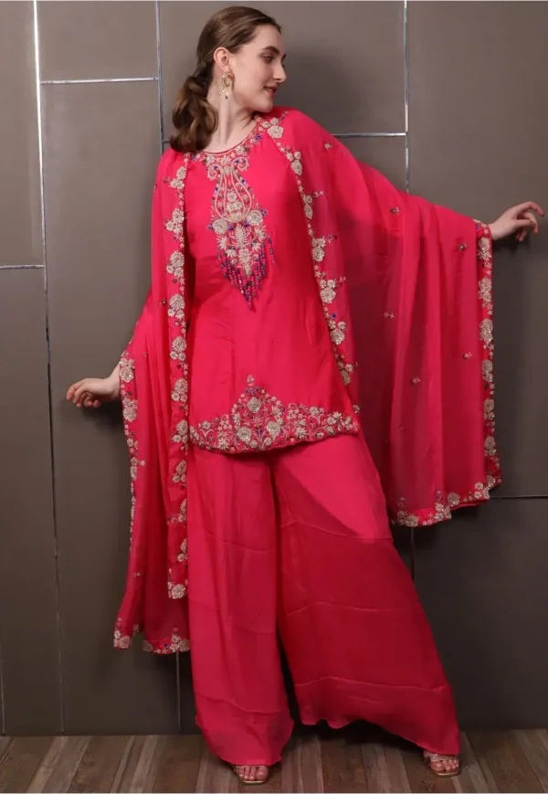 Hand Embroidered Chinon Chiffon Pakistani Suit in Fuchsia