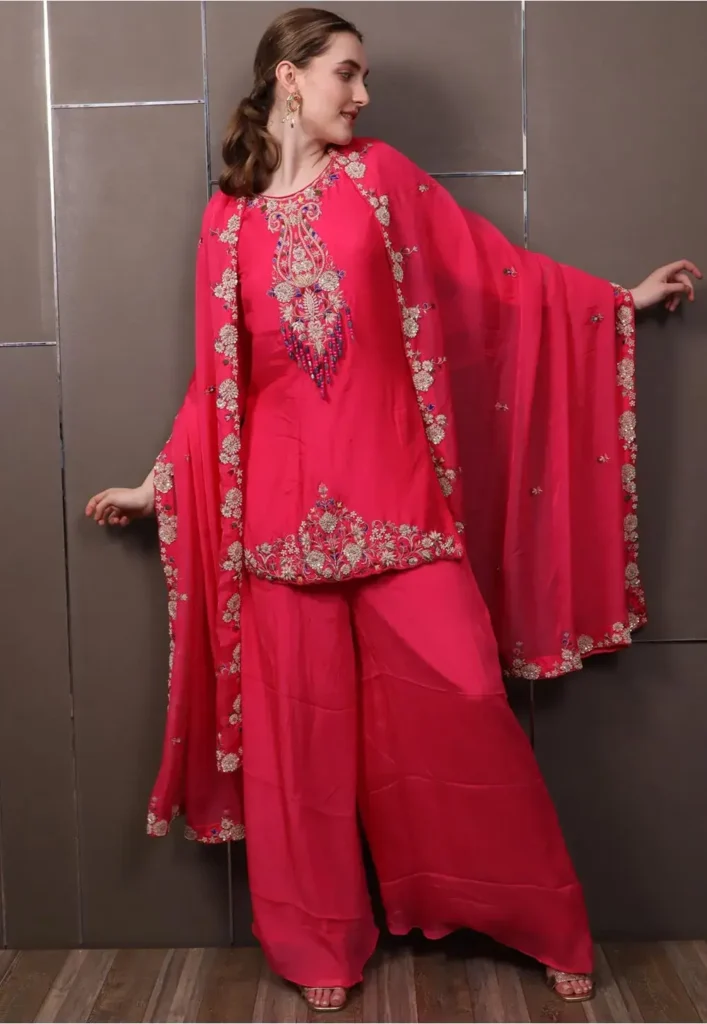 Hand Embroidered Chinon Chiffon Pakistani Suit in Fuchsia